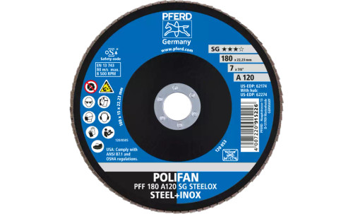Pferd 62174 SG Steelox Polifan Flap Disc | 7/8" Arbor Hole | 7" Diameter | Aluminum Oxide 120 Grit | Type 27 | Sold by Box of 10