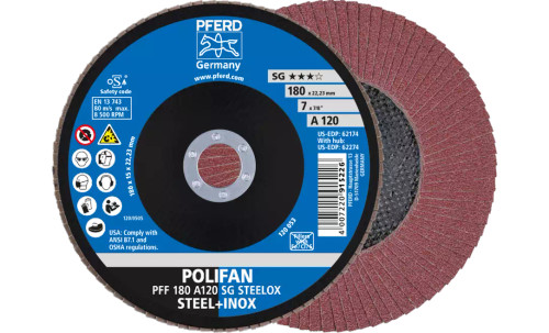 Pferd 62174 SG Steelox Polifan Flap Disc | 7/8" Arbor Hole | 7" Diameter | Aluminum Oxide 120 Grit | Type 27 | Sold by Box of 10