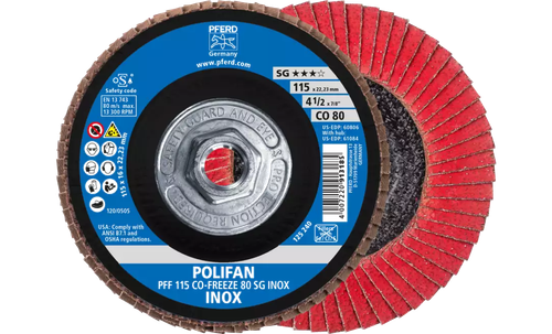 Pferd 61084 Polifan Flap Disc | 5/8-11" Arbor Hole | 4-1/2" Diameter | Ceramic Oxide 80 Grit | Type 27 | Sold by Box of 10