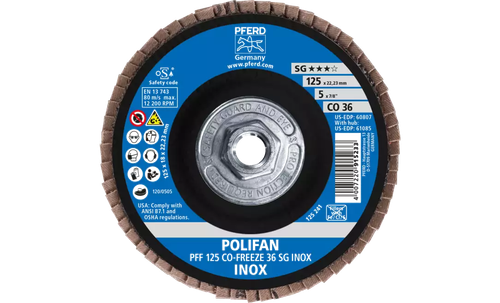 Pferd 61085 Polifan Flap Disc | 5/8-11" Arbor Hole | 5" Diameter | Ceramic Oxide 36 Grit | Type 27 | Sold by Box of 10