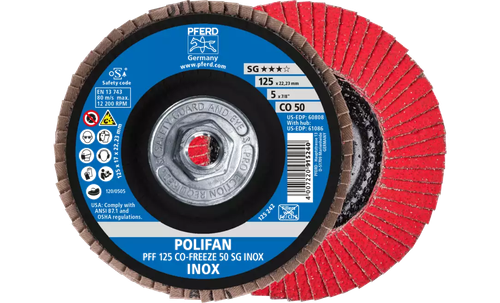 Pferd 61086 Polifan Flap Disc | 5/8-11" Arbor Hole | 5" Diameter | Ceramic Oxide 50 Grit | Type 27 | Sold by Box of 10