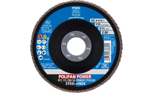 Pferd 62220 Polifan Flap Disc | 7/8" Arbor Hole | 4-1/2" Diameter | Zirconia Alumina 80 Grit | Type 29 | Sold by Box of 10