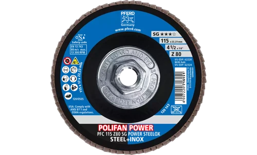 Pferd 62324 Polifan Flap Disc | 5/8-11" Arbor Hole | 4-1/2" Diameter | Zirconia Alumina 80 Grit | Type 29 | Sold by Box of 10