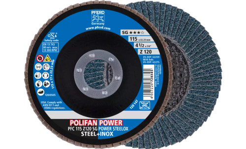Pferd 62259 Polifan Flap Disc | 7/8" Arbor Hole | 4-1/2" Diameter | Zirconia Alumina 120 Grit | Type 29 | Sold by Box of 10