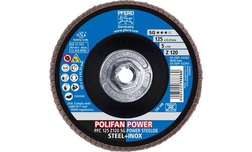 Pferd 62293 Polifan Flap Disc | 5/8-11" Arbor Hole | 5" Diameter | Zirconia Alumina 120 Grit | Type 29 | Sold by Box of 10