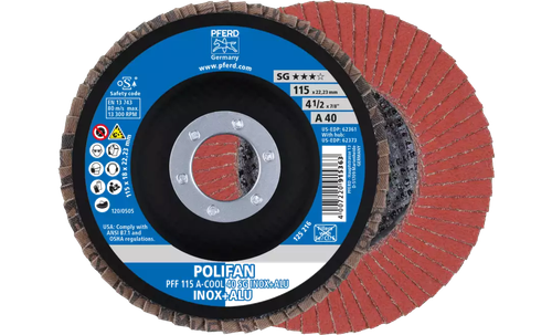 Pferd 62361 Polifan Flap Disc | 4-1/2" Diameter | 7/8" Arbor Hole | Aluminum Oxide 40 Grit | Type 27 | Sold by Box of 10