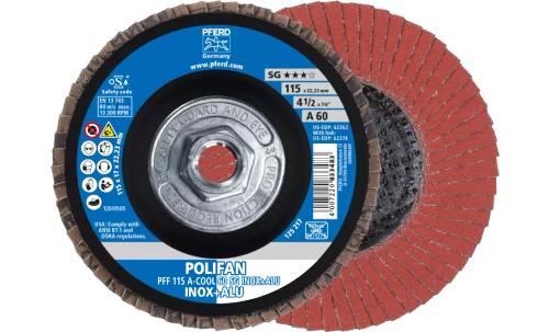 Pferd 62374 Polifan Flap Disc | 4-1/2" Diameter | 5/8-11" Arbor Hole | Aluminum Oxide 60 Grit | Type 27 | Sold by Box of 10