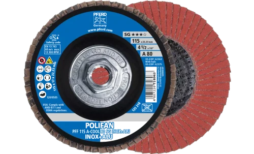 Pferd 62375 Polifan Flap Disc | 4-1/2" Diameter | 5/8-11" Arbor Hole | Aluminum Oxide 80 Grit | Type 27 | Sold by Box of 10