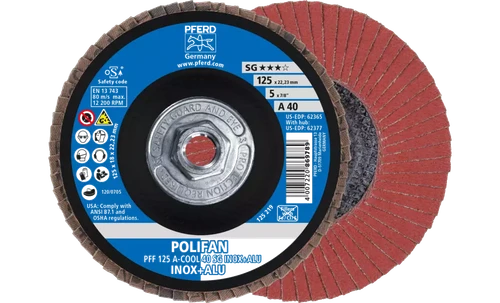 Pferd 62377 Polifan Flap Disc | 5" Diameter | 5/8-11" Arbor Hole | Aluminum Oxide 40 Grit | Type 27 | Sold by Box of 10