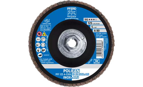 Pferd 62379 Polifan Flap Disc | 5" Diameter | 5/8-11" Arbor Hole | Aluminum Oxide 80 Grit | Type 27 | Sold by Box of 10