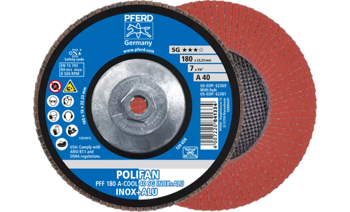 Pferd 62381 Polifan Flap Disc | 7" Diameter | 5/8-11" Arbor Hole | Aluminum Oxide 40 Grit | Type 27 | Sold by Box of 10