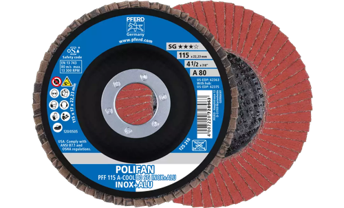 Pferd 62363 Polifan Flap Disc | 4-1/2" Diameter | 7/8" Arbor Hole | Aluminum Oxide 80 Grit | Type 27 | Sold by Box of 10