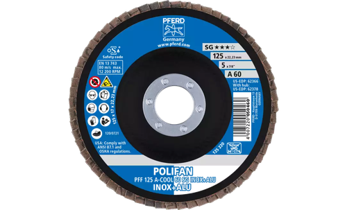 Pferd 62366 Polifan Flap Disc | 5" Diameter | 7/8" Arbor Hole | Aluminum Oxide 60 Grit | Type 27 | Sold by Box of 10