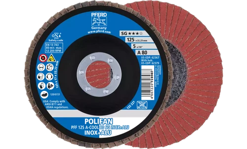 Pferd 62367 Polifan Flap Disc | 5" Diameter | 7/8" Arbor Hole | Aluminum Oxide 80 Grit | Type 27 | Sold by Box of 10