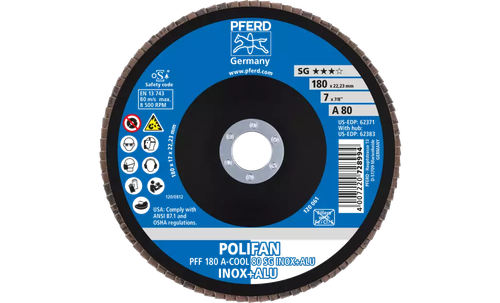 Pferd 62371 Polifan Flap Disc | 7" Diameter | 7/8" Arbor Hole | Aluminum Oxide 80 Grit | Type 27 | Sold by Box of 10