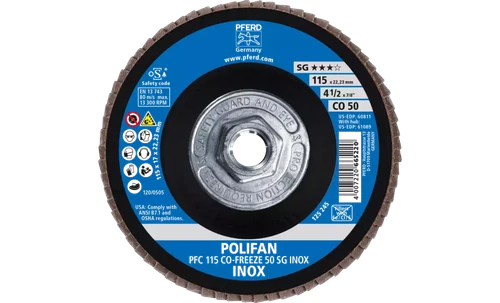 Pferd 61089 Polifan Flap Disc | 5/8-11" Arbor Hole | 4-1/2" Diameter | Ceramic Oxide 50 Grit | Type 29 | Sold by Box of 10