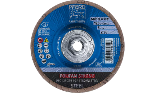 PFERD 62960 Polifan Flap Disc | 5/8-11" Arbor Hole | 5" Diameter | Zirconia Alumina 36 Grit | Conical | Sold by Box of 10