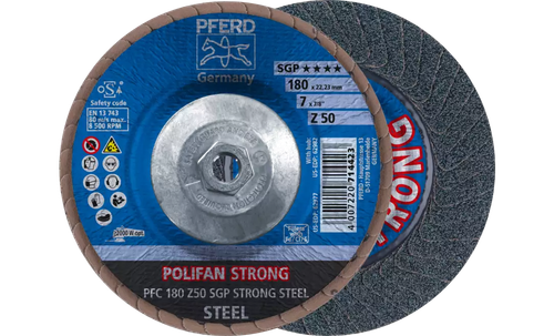 PFERD 62982 Polifan Flap Disc | 5/8-11" Arbor Hole | 7" Diameter | Zirconia Alumina 50 Grit | Conical | Sold by Box of 10