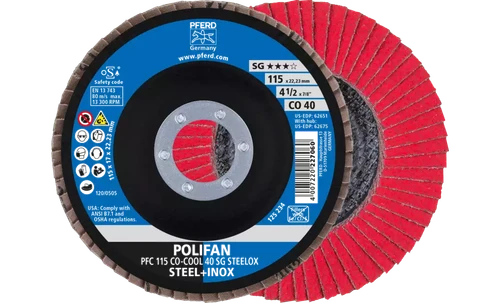 Pferd 62651 Polifan Flap Disc | 7/8" Arbor Hole | 4-1/2" Diameter | Ceramic Oxide 40 Grit | Type 29 | Sold by Box of 10