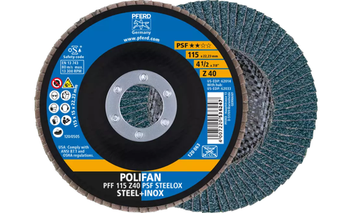 Pferd 62014 Polifan Flap Disc | 7/8" Arbor Hole | 4-1/2" Diameter | Zirconia Alumina 40 Grit | Type 27 | Sold by Box of 10