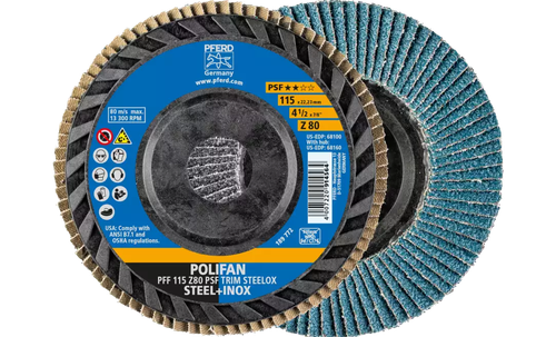 Pferd 68100 Polifan Flap Disc | 7/8" Arbor Hole | 4-1/2" Diameter | Zirconia Alumina 80 Grit | Type 27 | Sold by Box of 10