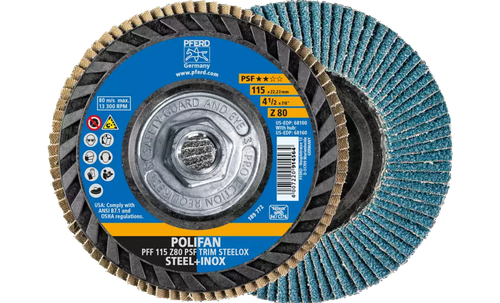 Pferd 68160 Polifan Flap Disc | 5/8-11" Arbor Hole | 4-1/2" Diameter | Zirconia Alumina 80 Grit | Type 27 | Sold by Box of 10