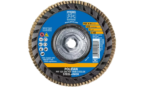 Pferd 68164 Polifan Flap Disc | 5/8-11" Arbor Hole | 5" Diameter | Zirconia Alumina 40 Grit | Type 27 | Sold by Box of 10
