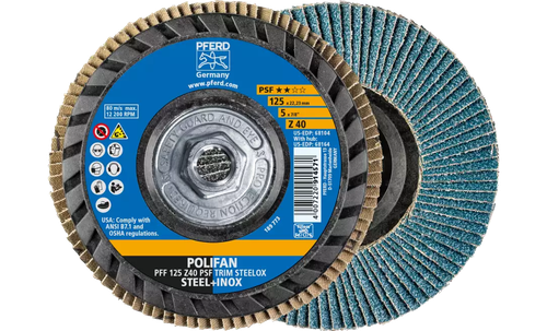 Pferd 68164 Polifan Flap Disc | 5/8-11" Arbor Hole | 5" Diameter | Zirconia Alumina 40 Grit | Type 27 | Sold by Box of 10