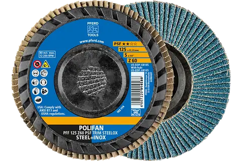 Pferd 68105 Polifan Flap Disc | 7/8" Arbor Hole | 5" Diameter | Zirconia Alumina 60 Grit | Type 27 | Sold by Box of 10