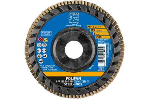 PFERD 68106 Polifan Flap Disc | 7/8" Arbor Hole | 5" Diameter | Zirconia Alumina 80 Grit | Flat | Sold by Box of 10