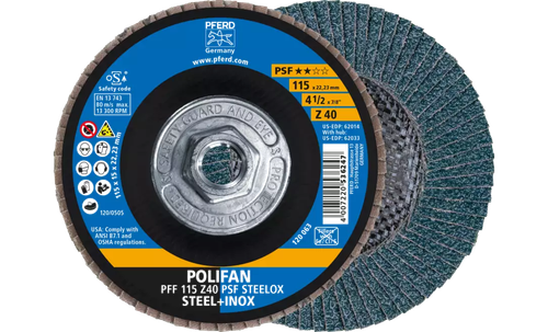 Pferd 62033 Polifan Flap Disc | 5/8-11" Arbor Hole | 4-1/2" Diameter | Zirconia Alumina 40 Grit | Type 27 | Sold by Box of 10