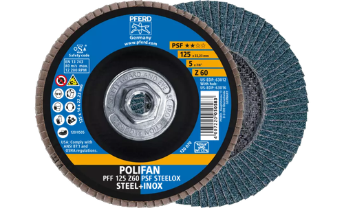 Pferd 63016 Polifan Flap Disc | 5/8-11" Arbor Hole | 5" Diameter | Zirconia Alumina 60 Grit | Type 27 | Sold by Box of 10