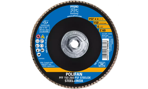Pferd 63057 Polifan Flap Disc | 5/8-11" Arbor Hole | 6" Diameter | Zirconia Alumina 60 Grit | Type 27 | Sold by Box of 10