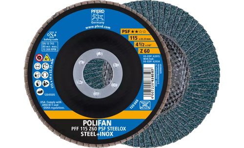 Pferd 62015 Polifan Flap Disc | 7/8" Arbor Hole | 4-1/2" Diameter | Zirconia Alumina 60 Grit | Type 27 | Sold by Box of 10