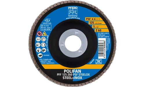 Pferd 63012 Polifan Flap Disc | 7/8" Arbor Hole | 5" Diameter | Zirconia Alumina 60 Grit | Type 27 | Sold by Box of 10