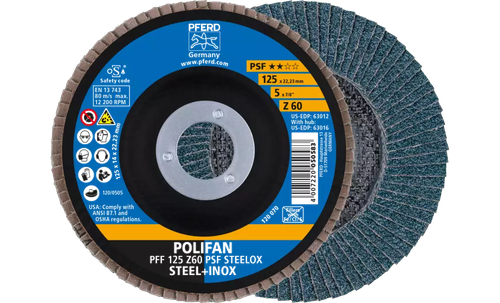 Pferd 63012 Polifan Flap Disc | 7/8" Arbor Hole | 5" Diameter | Zirconia Alumina 60 Grit | Type 27 | Sold by Box of 10