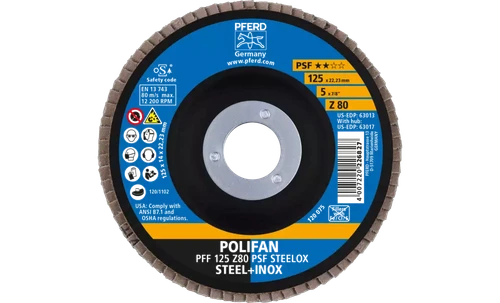 Pferd 63013 Polifan Flap Disc | 7/8" Arbor Hole | 5" Diameter | Zirconia Alumina 80 Grit | Type 27 | Sold by Box of 10