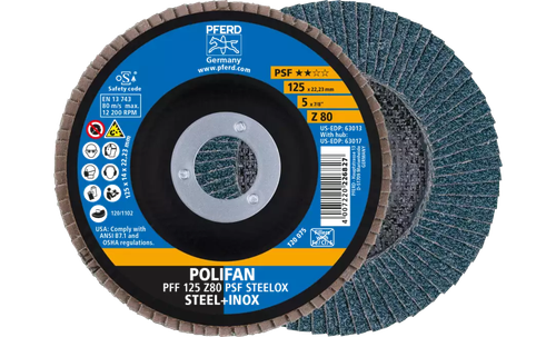 Pferd 63013 Polifan Flap Disc | 7/8" Arbor Hole | 5" Diameter | Zirconia Alumina 80 Grit | Type 27 | Sold by Box of 10