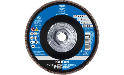 Pferd 62677 Polifan Flap Disc | 5/8-11" Arbor Hole | 4-1/2" Diameter | Ceramic Oxide 60 Grit | Type 29 | Sold by Box of 10