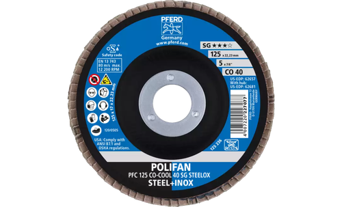 Pferd 62657 Polifan Flap Disc | 7/8" Arbor Hole | 5" Diameter | Ceramic Oxide 40 Grit | Type 29 | Sold by Box of 10