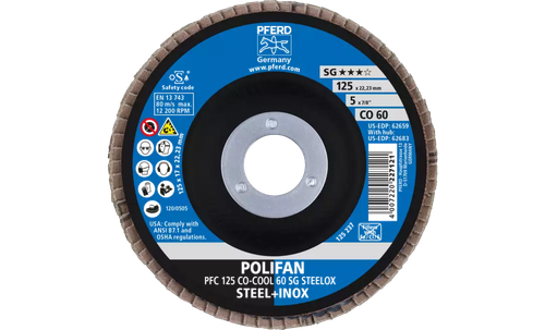 Pferd 62659 Polifan Flap Disc | 7/8" Arbor Hole | 5" Diameter | Ceramic Oxide 60 Grit | Type 29 | Sold by Box of 10