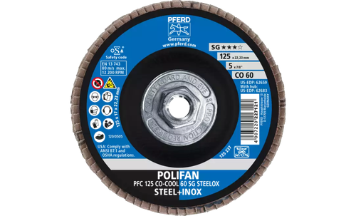 Pferd 62683 Polifan Flap Disc | 5/8-11" Arbor Hole | 5" Diameter | Ceramic Oxide 60 Grit | Type 29 | Sold by Box of 10