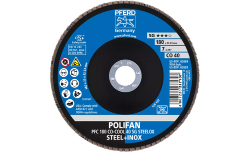 Pferd 62669 Polifan Flap Disc | 7/8" Arbor Hole | 7" Diameter | Ceramic Oxide 40 Grit | Type 29 | Sold by Box of 10