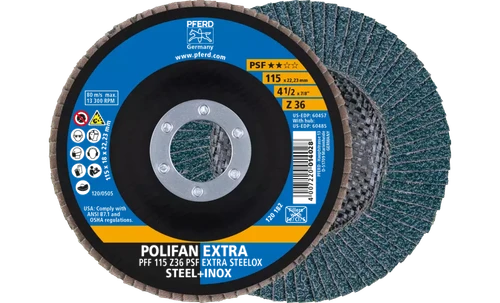 Pferd 60457 Polifan Flap Disc | 7/8" Arbor Hole | 4-1/2" Diameter | Zirconia Alumina 36 Grit | Type 27 | Sold by Box of 10