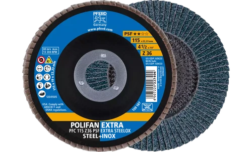 Pferd 60625 Polifan Flap Disc | 7/8" Arbor Hole | 4-1/2" Diameter | Zirconia Alumina 36 Grit | Type 29 | Sold by Box of 10