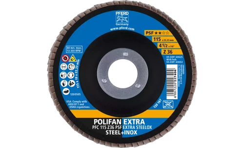 Pferd 60625 Polifan Flap Disc | 7/8" Arbor Hole | 4-1/2" Diameter | Zirconia Alumina 36 Grit | Type 29 | Sold by Box of 10