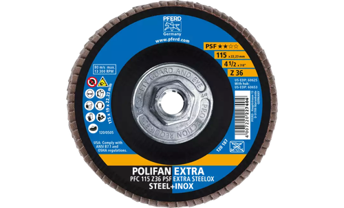 Pferd 60653 Polifan Flap Disc | 5/8-11" Arbor Hole | 4-1/2" Diameter | Zirconia Alumina 36 Grit | Type 29 | Sold by Box of 10
