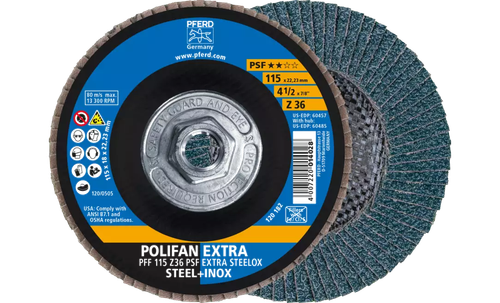 Pferd 60485 Polifan Flap Disc | 5/8-11" Arbor Hole | 4-1/2" Diameter | Zirconia Alumina 36 Grit | Type 27 | Sold by Box of 10