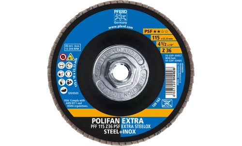 Pferd 60485 Polifan Flap Disc | 5/8-11" Arbor Hole | 4-1/2" Diameter | Zirconia Alumina 36 Grit | Type 27 | Sold by Box of 10
