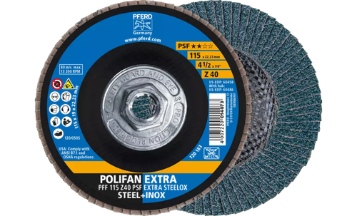 Pferd 60486 Polifan Flap Disc | 5/8-11" Arbor Hole | 4-1/2" Diameter | Zirconia Alumina 40 Grit | Type 27 | Sold by Box of 10